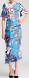 Ruffle-Contrast Printed Midi Dress, Blue