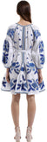 Floral-Embroidered Mini Boho Dress, Blue