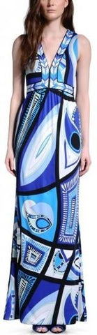Long Blue Abstract Printed Dress - DESIGNER INSPIRED FASHIONS