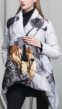 Printed Asymmetric Flared Short Down Coat - DESIGNER INSPIRED FASHIONS