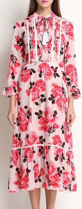 Floral-Print Ruffle Dress with Tassel Drawstring Tie