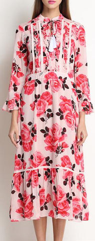 Floral-Print Ruffle Dress with Tassel Drawstring Tie