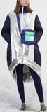 Asymmetrical Metallic Color-Contrast Puffer Coat