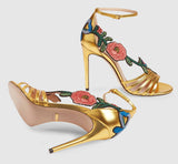 Embroidered Metallic Leather Mid Heel Sandals