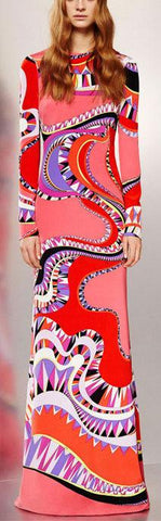 Long Sleeve Printed Maxi Gown - Pink/Red - DESIGNER INSPIRED FASHIONS