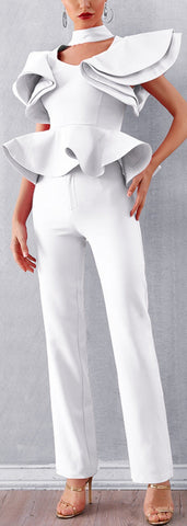 Ruffle Peplum Top and Pant Set, White