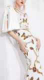 Butterfly Print Draped-Sleeve Gown