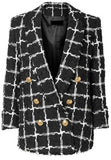 Black Double-Breasted Checked Tweed Blazer