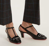 Anita Crystal-Bow Embellished T-bar Leather Pumps
