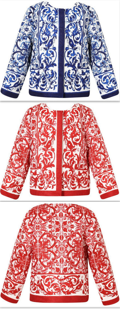 'Majolica' Tile Printed Jacket - Blue or Red - DESIGNER INSPIRED FASHIONS