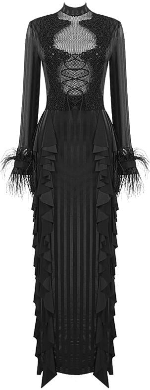 Embellished Lace-up Feather-Trim Gown