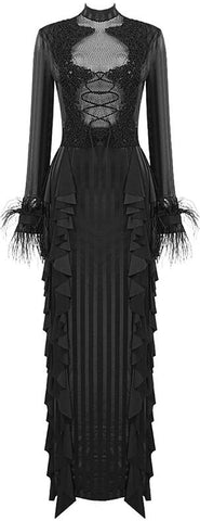 Embellished Lace-up Feather-Trim Gown