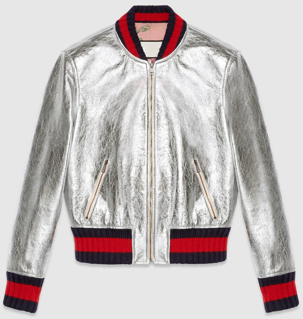 Crackle Leather Metallic Bomber Jacket-Silver - DESIGNER INSPIRED FASHIONS