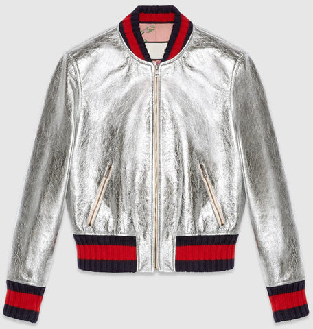 Crackle Leather Metallic Bomber Jacket-Silver - DESIGNER INSPIRED FASHIONS
