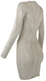 Jacquard Stretch Long-Sleeve Bandage Mini Dress, Beige