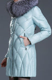 Rhinestone Studded Fur-Collar Puffer Down Coat, Light Blue