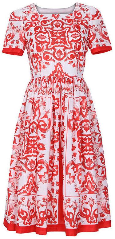 Tile Print Knee Length A-Line Dress in Red & White - DESIGNER INSPIRED FASHIONS