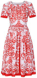 Tile Print Knee Length A-Line Dress in Red & White - DESIGNER INSPIRED FASHIONS