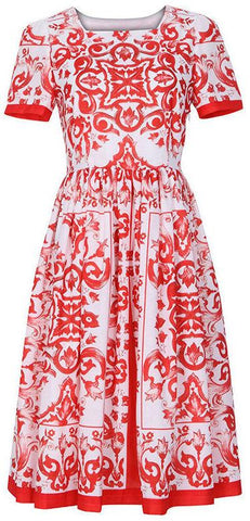 Tile Print Knee Length A-Line Dress in Red & White - DESIGNER INSPIRED FASHIONS