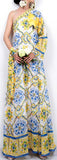 Long Tile Printed Satin One-Sleeve Maxi Dress - DESIGNER INSPIRED FASHIONS