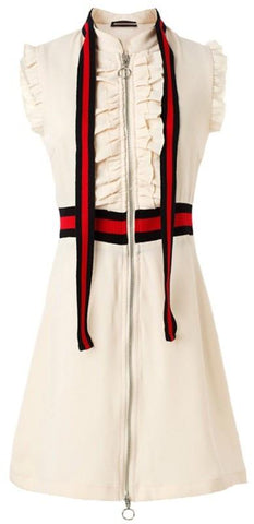 Ruffle Contrast-Stripe Dress in White - DESIGNER INSPIRED FASHIONS