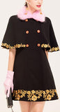 Embroidered Short Cape-Coat with Fur Collar