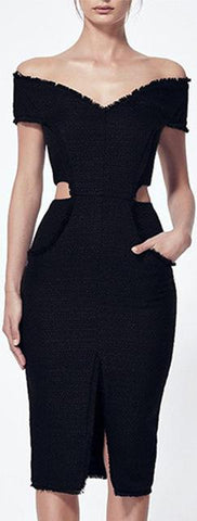 Black Off-The-Shoulder Frayed Cut-Out Dress