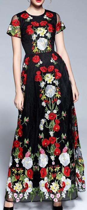 Floral Embroidered Long Black Tulle Dress