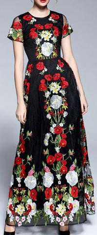 Floral Embroidered Long Black Tulle Dress