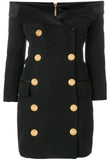 Black Double-Breasted Off-the-Shoulder Blazer-Dress