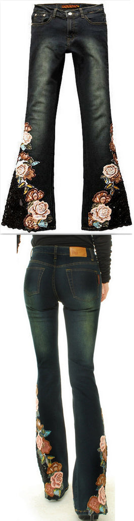Beaded Floral Embroidered Flared Jeans - DESIGNER INSPIRED FASHIONS