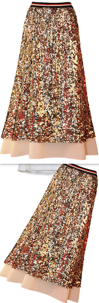 Sequin-Embellished Midi Skirt with Tulle Hem - DESIGNER INSPIRED FASHIONS