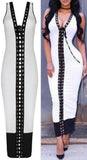 Lace-Up Bodycon Bicolor Dress, White & Black - DESIGNER INSPIRED FASHIONS