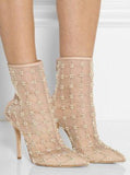 Pearlette Beaded Mesh Leather Ankle Boots