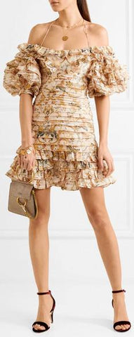 Off-the-Shoulder Printed Linen and Silk-Blend Mini Dress
