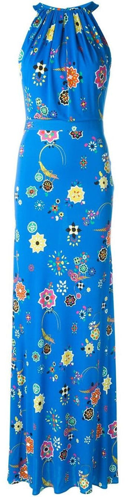Sleeveless Long Printed Silk Dress-Blue - DESIGNER INSPIRED FASHIONS