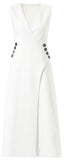 Side-Button Embellished Sleeveless A-Line V-Neck Midi Dress in Black or White - DESIGNER INSPIRED FASHIONS