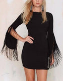 Fringed Sleeves Backless Bandage Dress in Black - DESIGNER INSPIRED FASHIONS