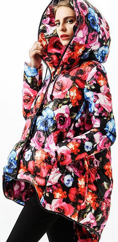 Multicolored Flared Floral Print Hooded Short Down Coat - DESIGNER INSPIRED FASHIONS