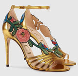 Embroidered Metallic Leather Mid Heel Sandals