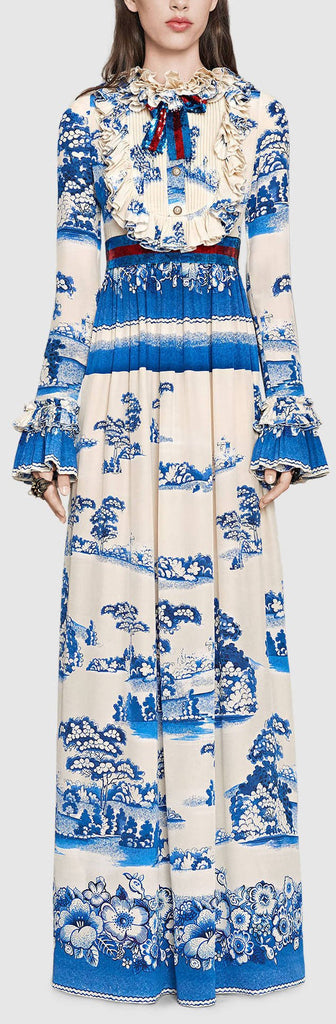 Embellished Ruffled Printed Dress - Blue & White - DESIGNER INSPIRED FASHIONS