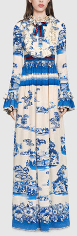 Embellished Ruffled Printed Dress - Blue & White - DESIGNER INSPIRED FASHIONS