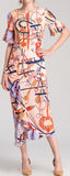 Ruffle-Contrast Printed Midi Dress