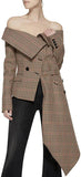 Asymmetrical Off-the-Shoulder Plaid Blazer Jacket