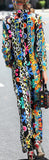 Multicolored Retro Print Blazer Jacket & Flared Pant Set - DESIGNER INSPIRED FASHIONS