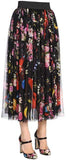 Black Flowers & Space Print Chiffon Midi Skirt.