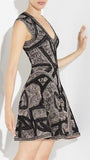 Jacquard Stretch V-Neck Patterned Sleeveless A-Line Mini Dress - DESIGNER INSPIRED FASHIONS