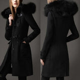 Fur-Hooded Wool Duffle Coat in Black - DESIGNER INSPIRED FASHIONS