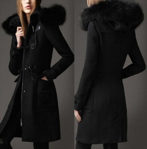Fur-Hooded Wool Duffle Coat in Black - DESIGNER INSPIRED FASHIONS