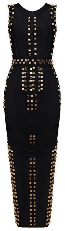 'Bradshaw' Gold Beaded Long Dress - Black - DESIGNER INSPIRED FASHIONS